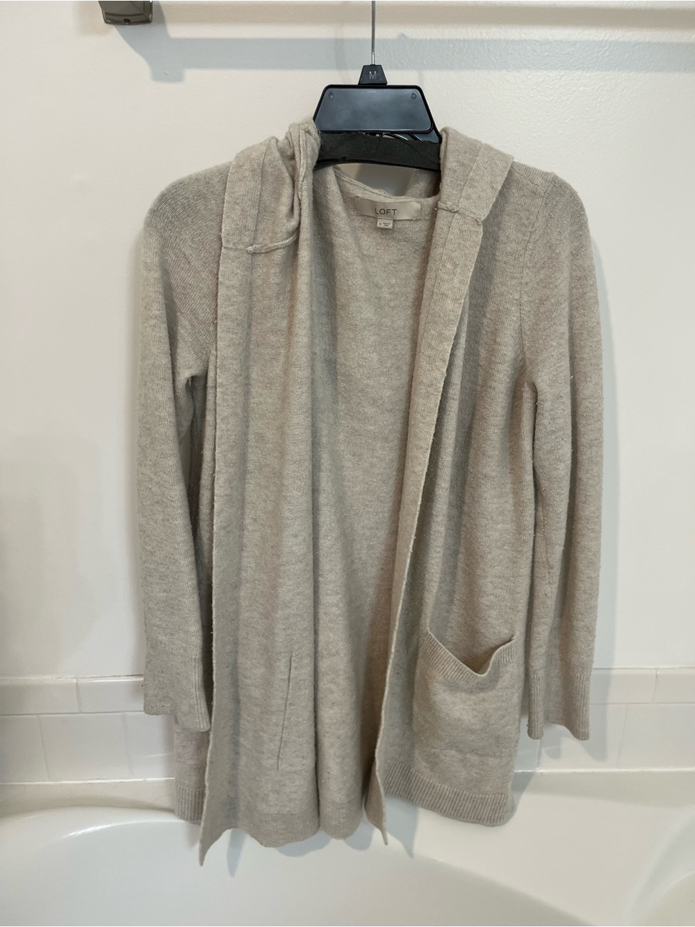 LOFT Hooded Open-Front Cardigan in Light Taupe